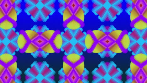 animación de texto de venta flash en cuadrados amarillos sobre patrón caleidoscópico azul y rosa
