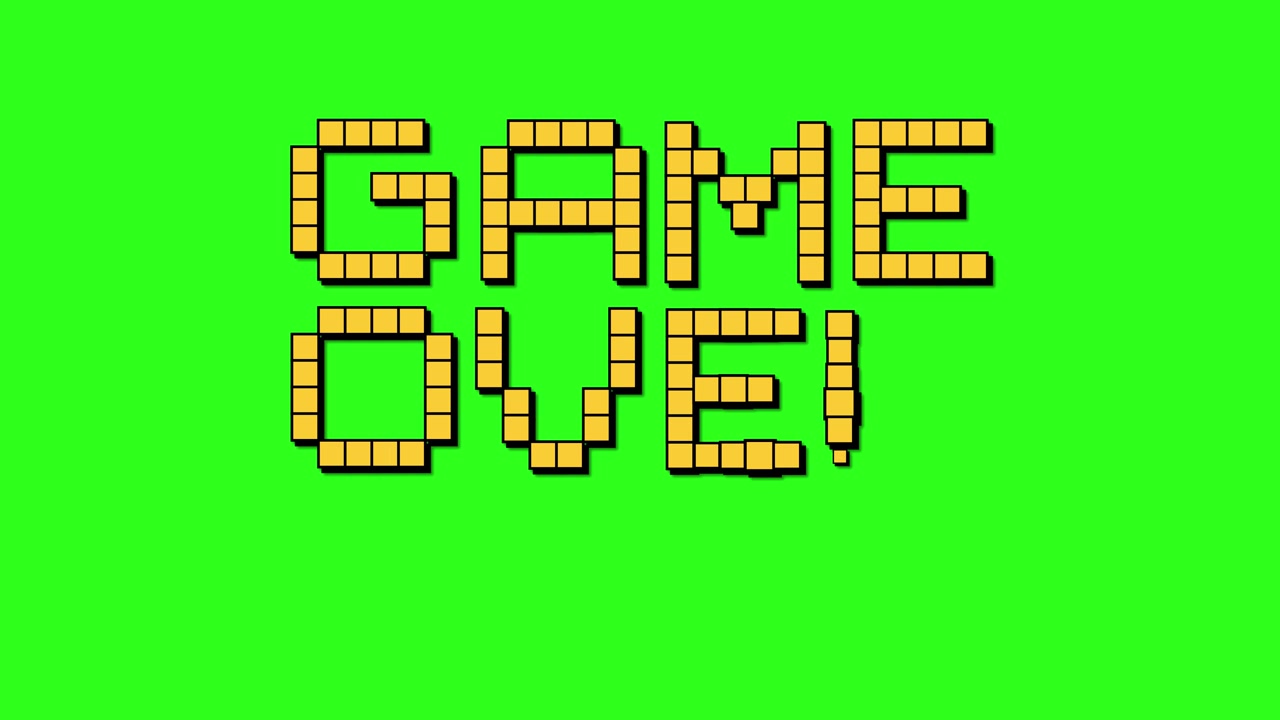 Retrorumskib ødelægger pixeliseret 'game over'-tekst med laserild mod en grøn skærm