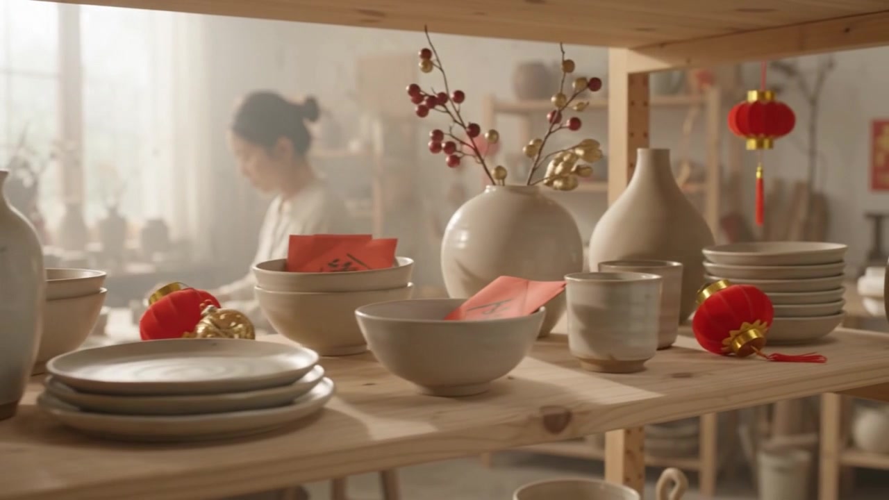Young Woman Organizing Handmade Pottery in a Bright Studio