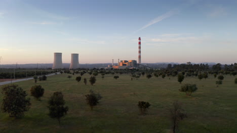Thermoelectric-power-plant-drone-shot-at-sunset