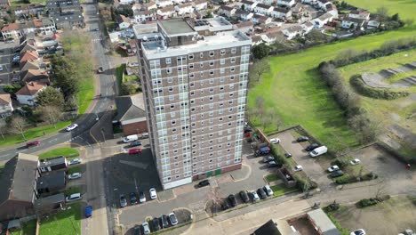 Tower-block-in-Dagenham-London-UK-Drone,-Aerial,-overhead-top-down-view