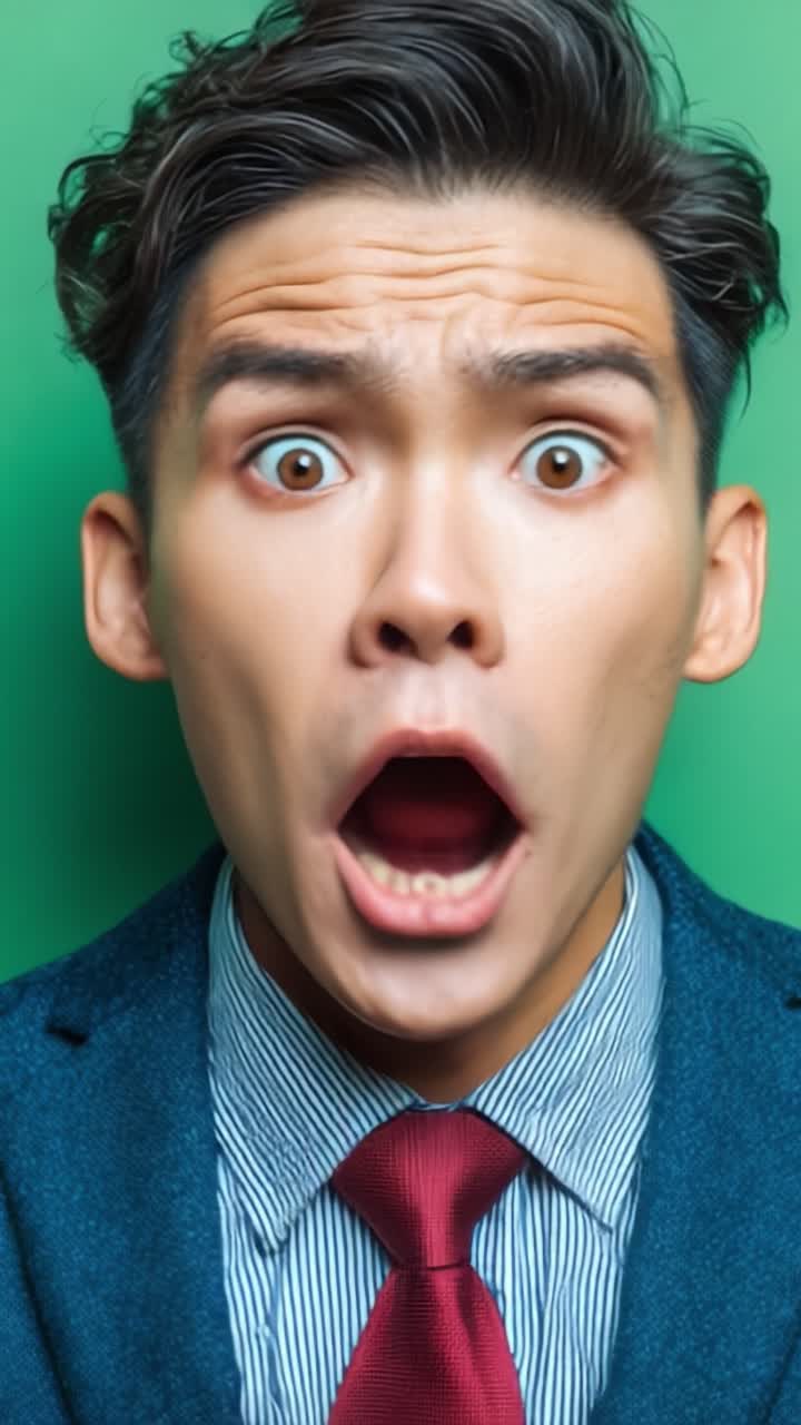En dramatisk transformation: En mands rejse fra chok til glæde fanget i to fantastiske rammer mod en levende grøn baggrund.
