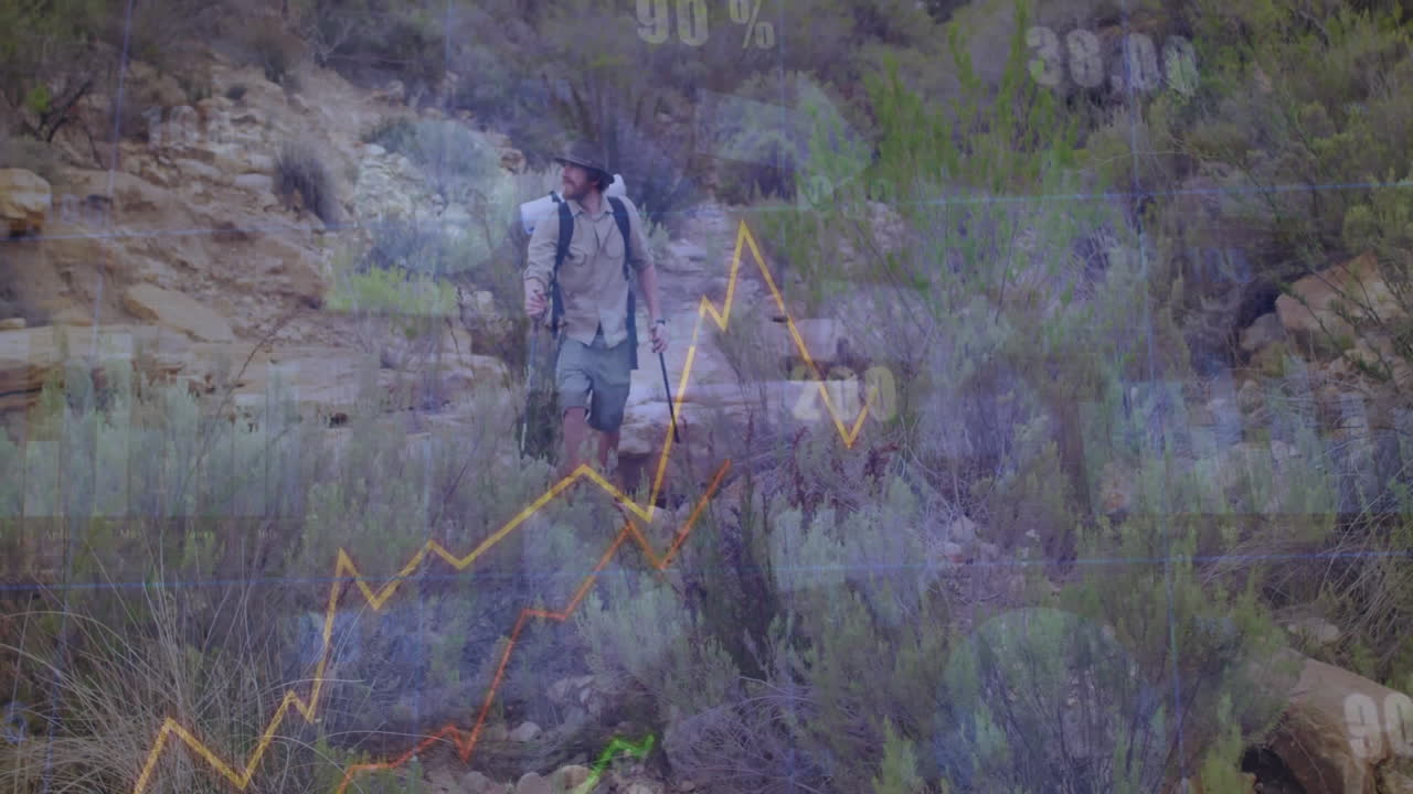 Male hiker trekking rocky canyon while analytics graphs and percent labels floating across scene