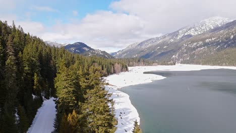 panning drone shot of beautiful lake kachess with snow in washington state