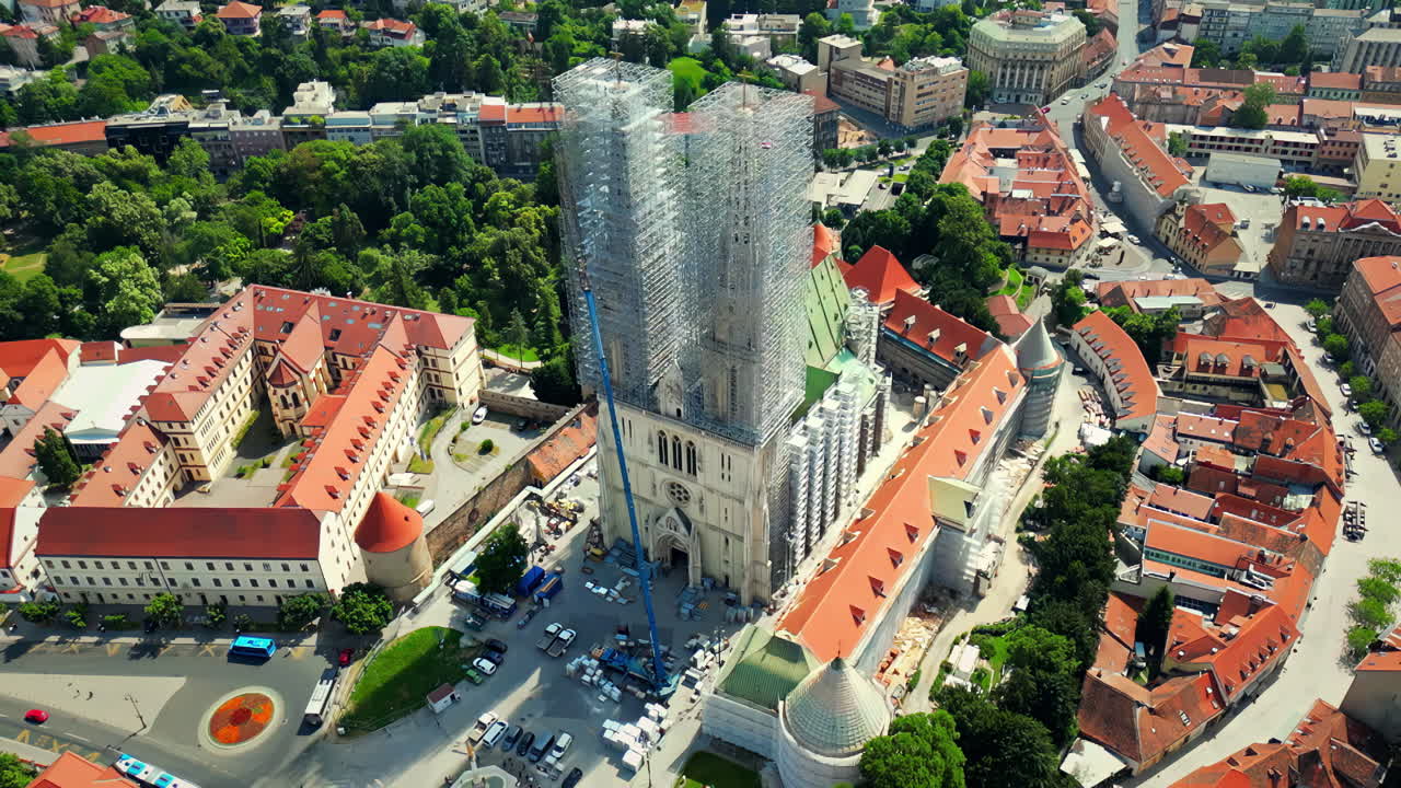 Aerial drone view of a church in Zadar, Croatia. Historical city centre with old buildings and narrow streets, greenery