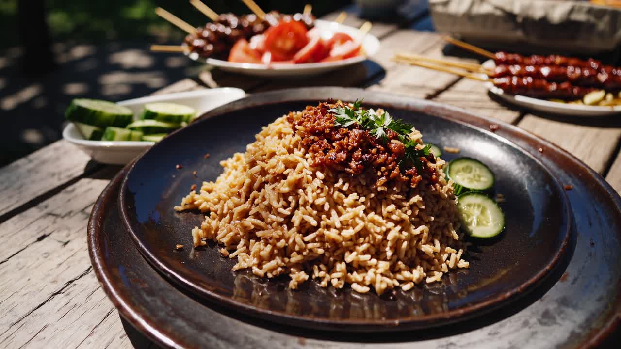 Pengambilan gambar jarak dekat setinggi mata dari hidangan pedesaan luar ruang dengan nasi goreng dan sate, sempurna
