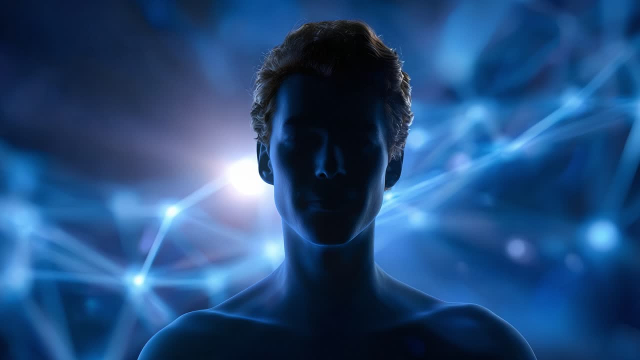 Una silhouette solenne su uno sfondo blu vibrante, raffigurante la fusione di tecnologia e umanità attraverso connessioni digitali astratte.