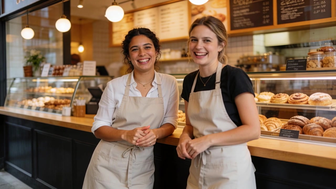 Camera filming two bakery staff in aprons, posing, picking pastry from glass case at cafe counter