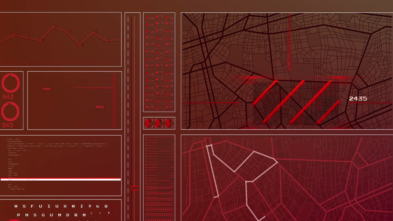 Animation of digital maps and computer data processing over dark background
