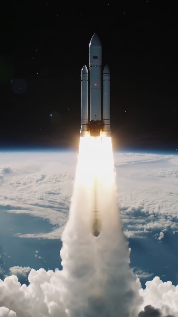 Vertical video: Firing rocket with two boosters rising above clouds toward space, trailing plume