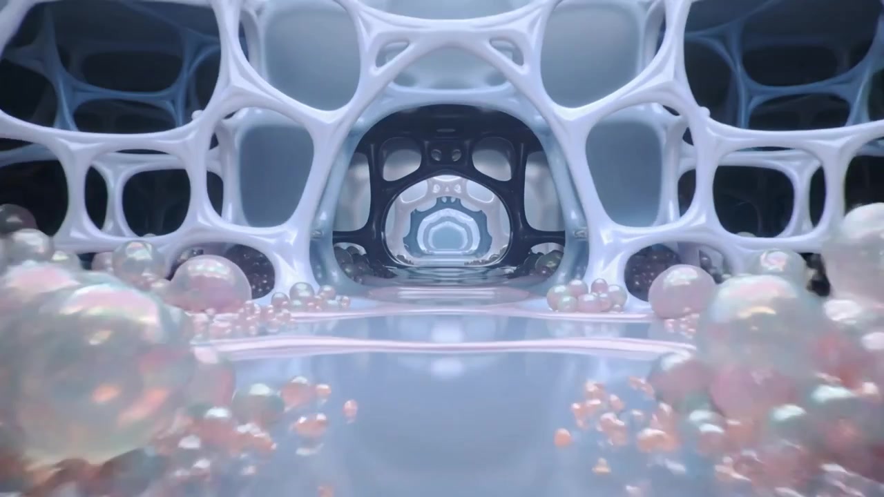 Moving camera gliding through porous arch tunnel shifting light revealing pearl spheres toward exit