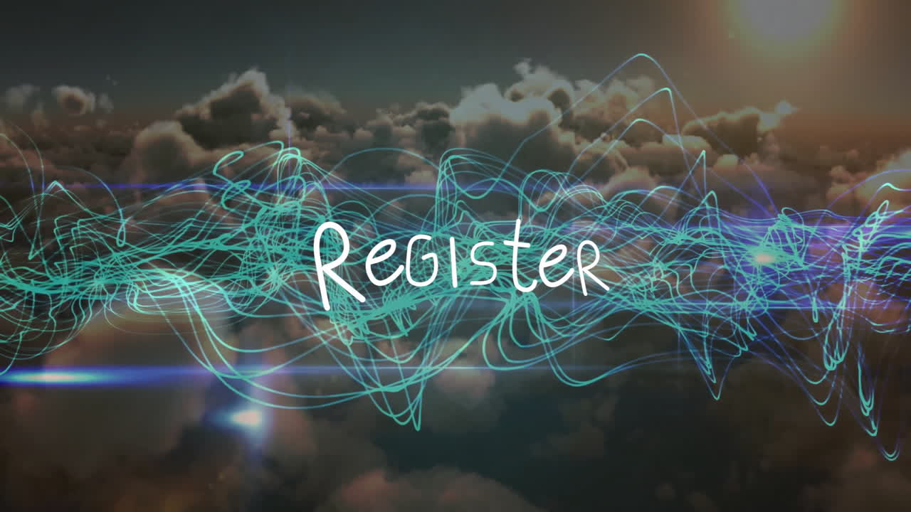 Register text with abstract blue wave animation over cloudy sky