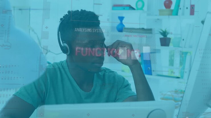 Animation of biracial man wearing headset and using computer over data recording