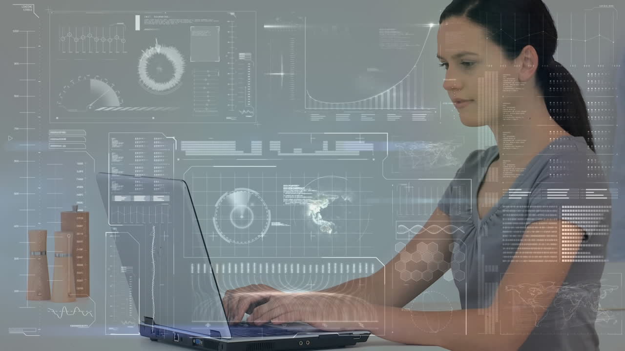 animación de procesamiento de datos sobre una estudiante usando una computadora portátil desde casa