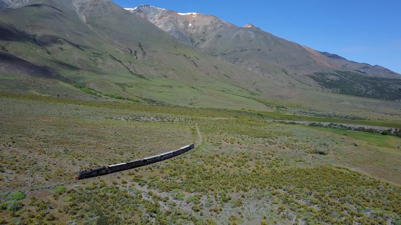 Argentina Atacama train in nature, zooming out aerial view
