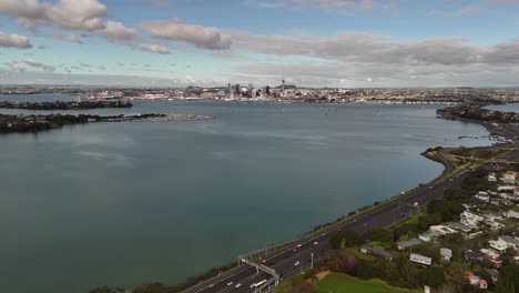panoramic view of shoal bay and the coastal road in auckland, new zealand