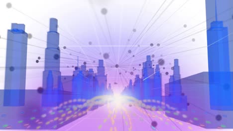 múltiples puntos y líneas contra el modelo de ciudad 3d sobre fondo blanco