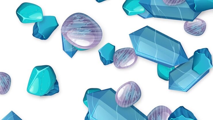 Various blue crystals and purple gemstones fall vertically against a clean white background.