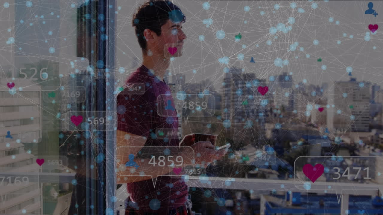 소셜 미디어 아이콘의 애니메이션과 스마트폰을 사용하여 인간을 통한 연결 네트워크