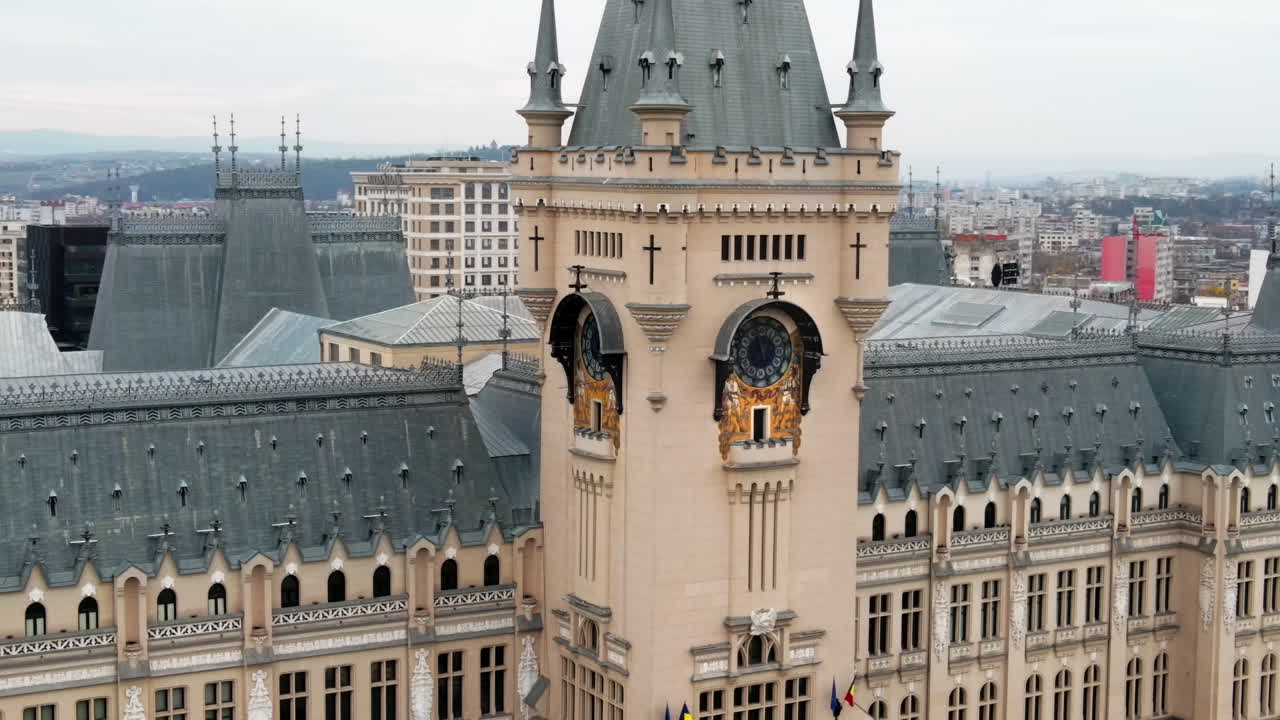 Aerial drone view of central buildings in Iasi, Romania. Square in front of it