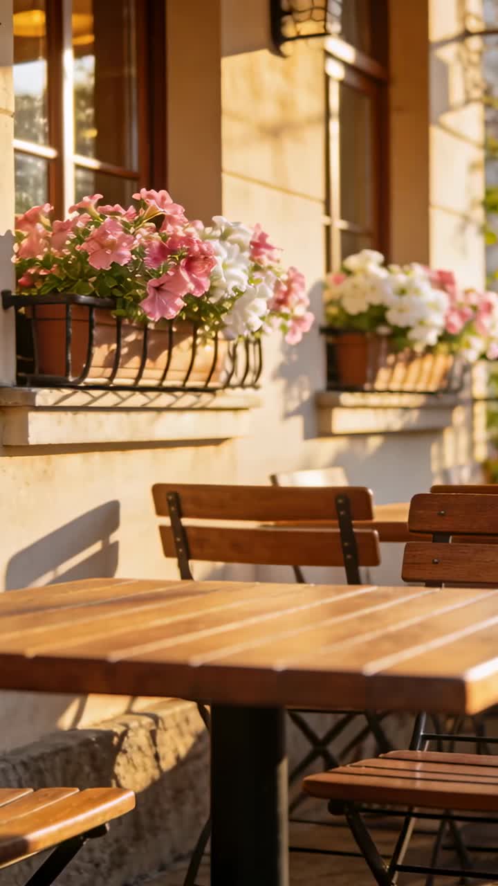 Incantevole caffè all'aperto con tavoli in legno e fioriere