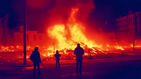 dramatic fire scenery capturing silhouettes against a blazing inferno, highlighting the intensity of flames and the shadows of bystanders in a nighttime urban setting