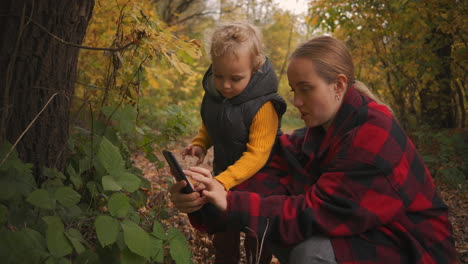 mujer rubia y niño niño están viendo plantas en el bosque durante la caminata familiar y el viaje fotografiando por teléfono inteligente descanso y educación de los niños