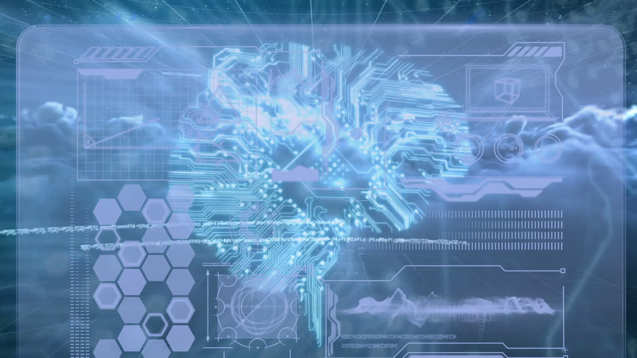 Animation of diverse data on digital screen over moving clouds