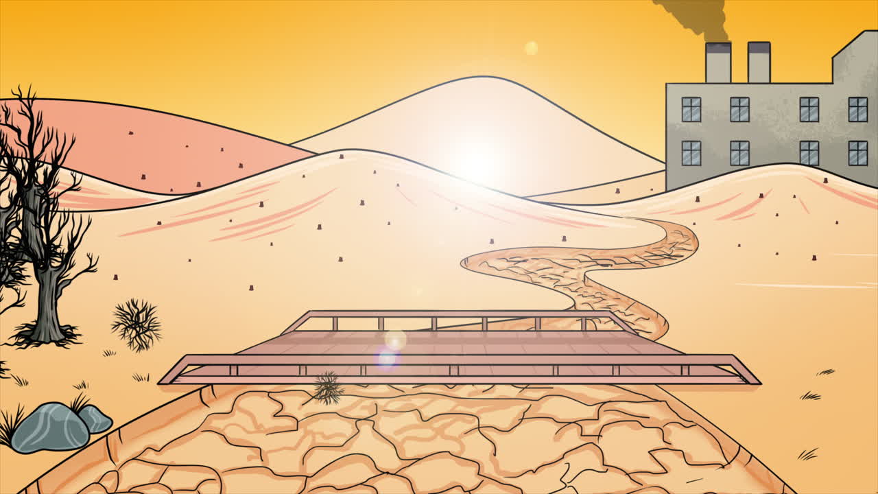 배경 에 공장 이 있는 사막 풍경