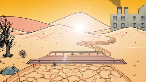 un paisaje desértico con una fábrica en el fondo