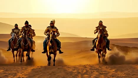 warriors with traditional helmets and armor are riding brown horses in the desert. they are kicking up a lot of dust as they gallop across the sand dunes at sunrise