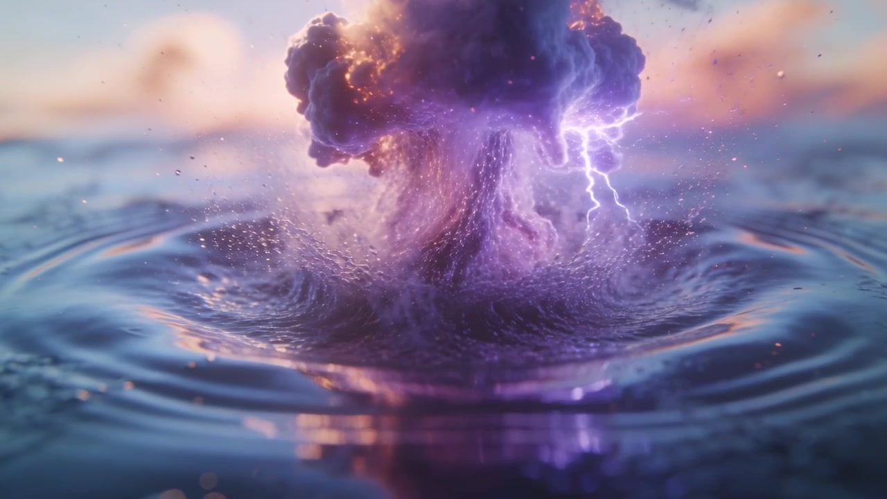 Pennacchio viola che si innalza emergendo dall'acqua dopo una piccola ondata al crepuscolo, creando increspature e archi.