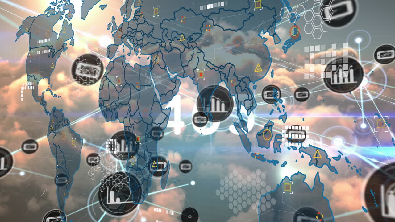 세계 지도와 구름을 통한 연결의 애니메이션
