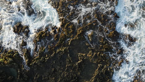 Drone-head-shot-of-Ocean-waves-crashing-against-the-reef-with-a-splash-at-sunset