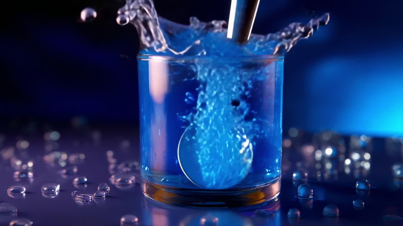 Dynamic Motion of Blue Liquid: A Vivid Display of Water Splashing into a Glass, Captivating Visuals of Color and Motion in a Serene Atmosphere with Glimmering Light Reflections