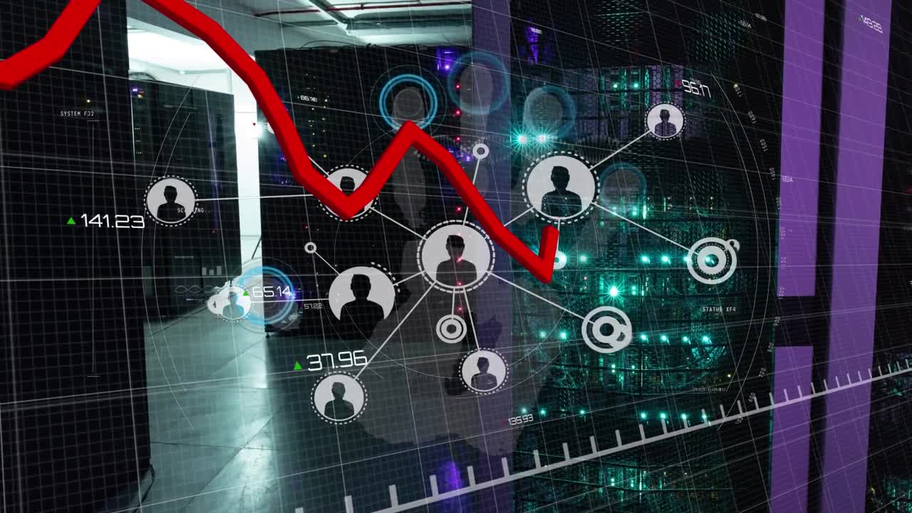 animación de la línea roja, red de conexiones y procesamiento de datos a través de un servidor informático.