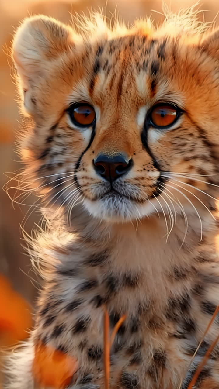 A baby cheetah is sitting in a field of flowers. The cheetah is small and cute, and the flowers are bright and colorful. The scene is peaceful and serene