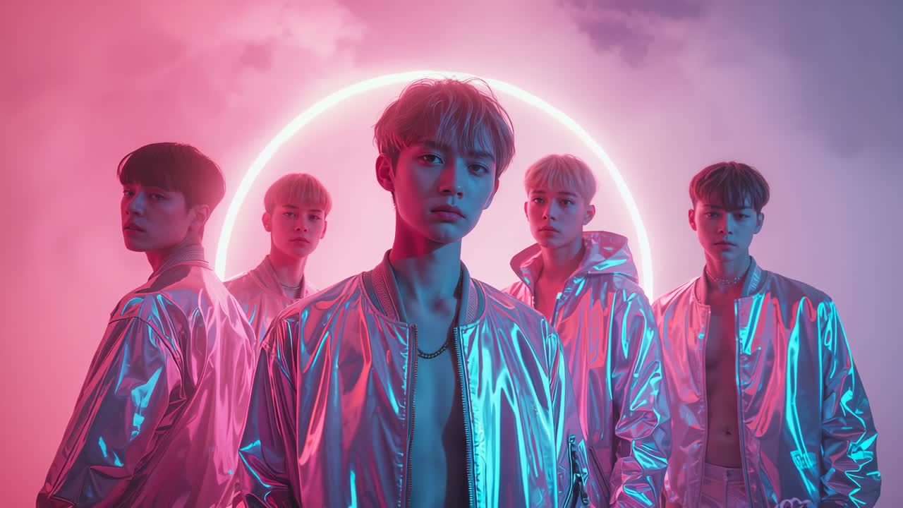 Pulsing neon circle guiding five performers holding V shape in studio, wearing metallic jackets