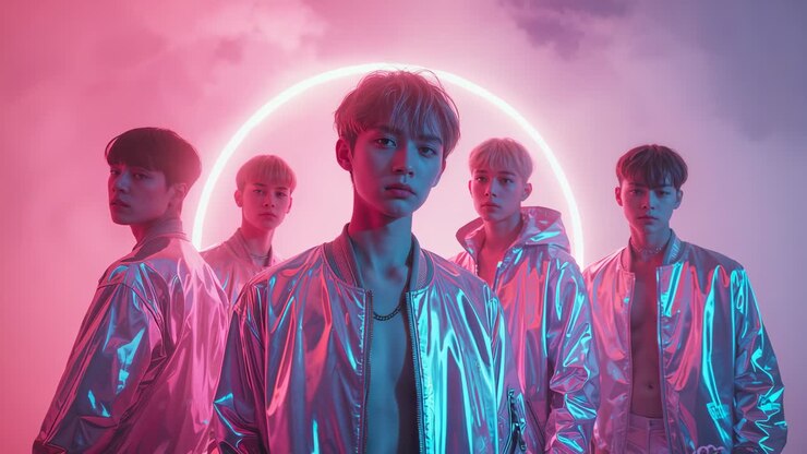 Pulsing neon circle guiding five performers holding V shape in studio, wearing metallic jackets