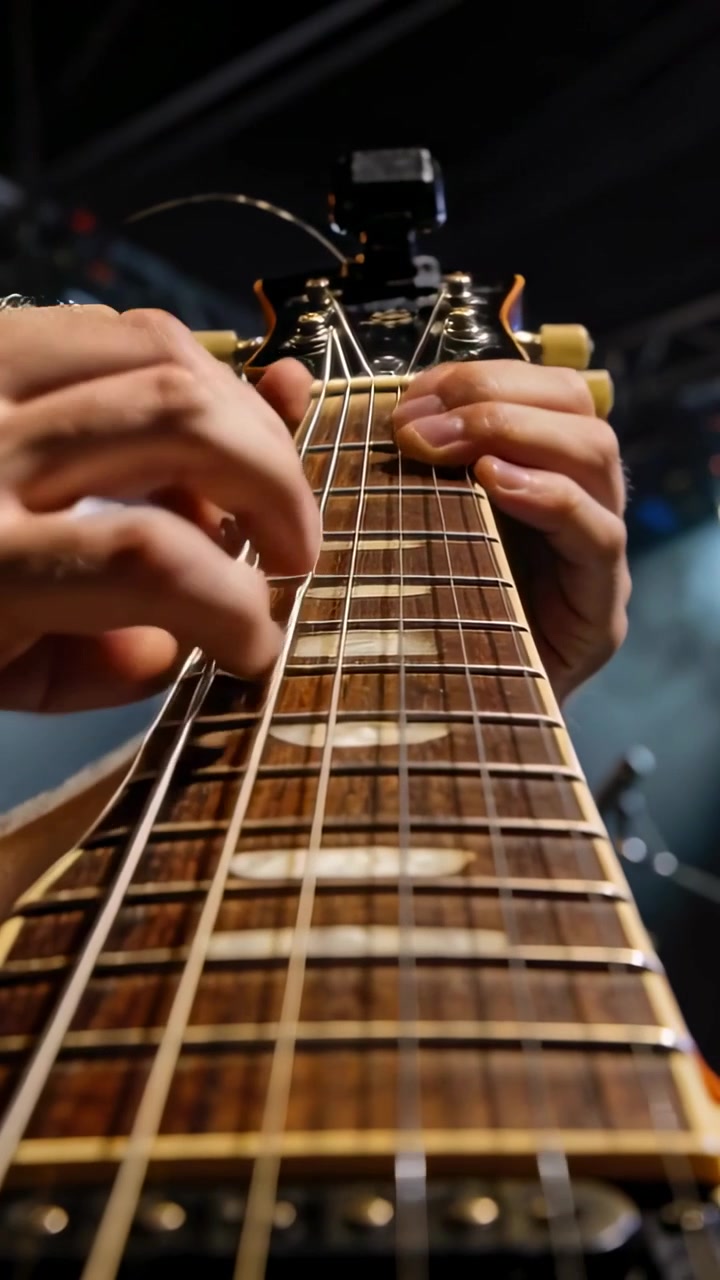 Vertical video: Beat starting guitar hands fretting and picking on stage, short sleeves, clip tuner