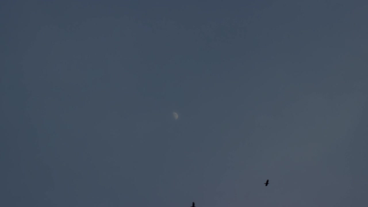 구름 속의 반달이 있는 저녁 하늘, 시간의 흐름.