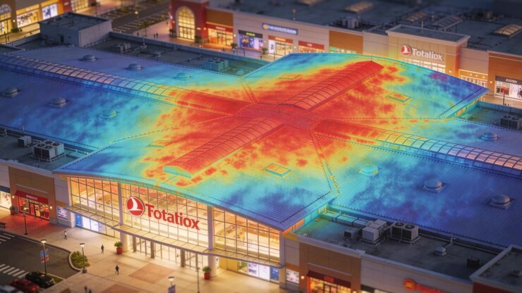 Recebendo atualização, telhado Fotatiox mostrando um mapa de calor em ascensão em uma praça ao anoitecer, compradores de casaco andando