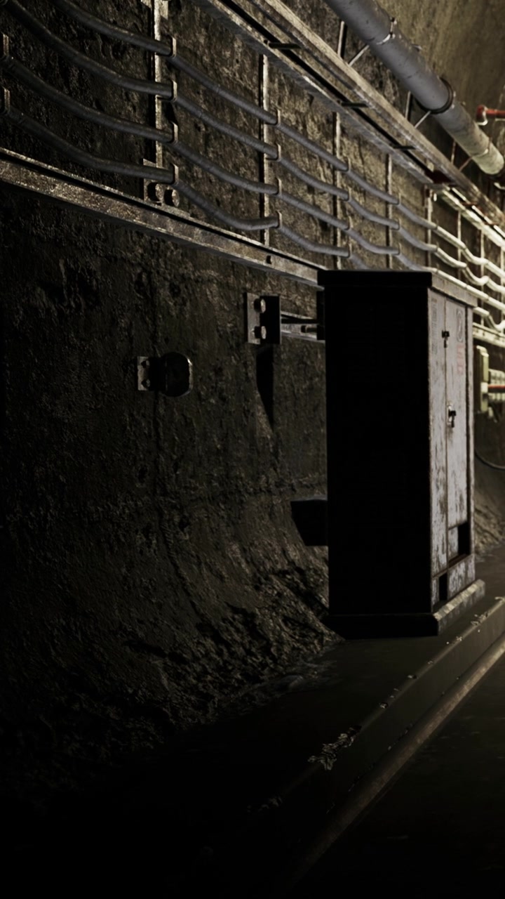 Misterioso túnel subterrâneo com equipamento vintage e paredes escuras