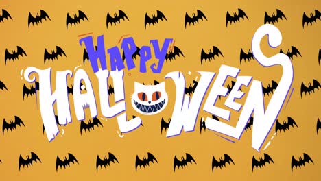 Animation-of-happy-halloween-text-over-black-bats-on-orange-background