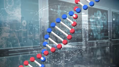 Animation-Der-DNA-Kette-über-Bildschirmen-Mit-Wissenschaftlichen-Daten