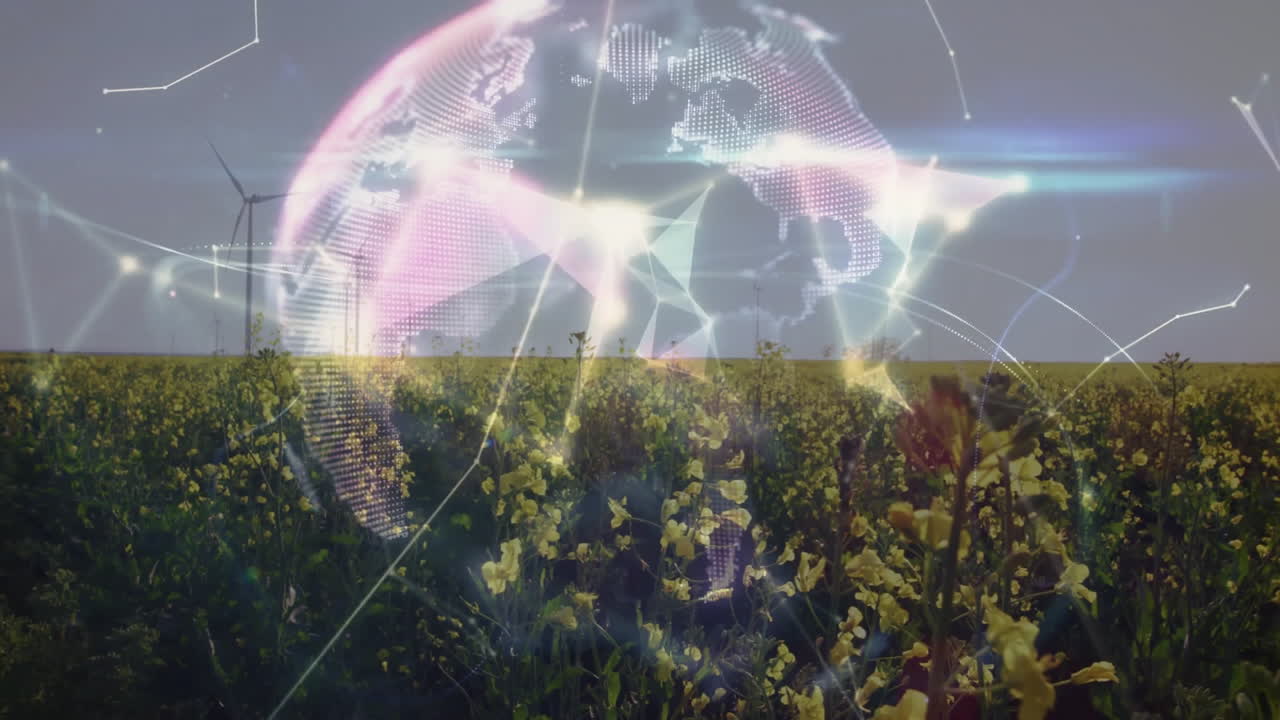 Digital globe floating above yellow crop field with wind turbines and connecting network lines