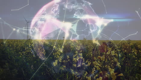 digital globe floating above yellow crop field with wind turbines and connecting network lines