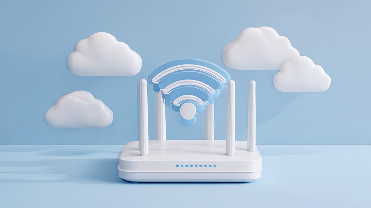 Wireless Router Surrounded by Stylized Clouds Illustrating Connectivity Concepts, Modern Device Designed for Enhanced Internet Access and Communication Solutions in a Minimalist Aesthetic