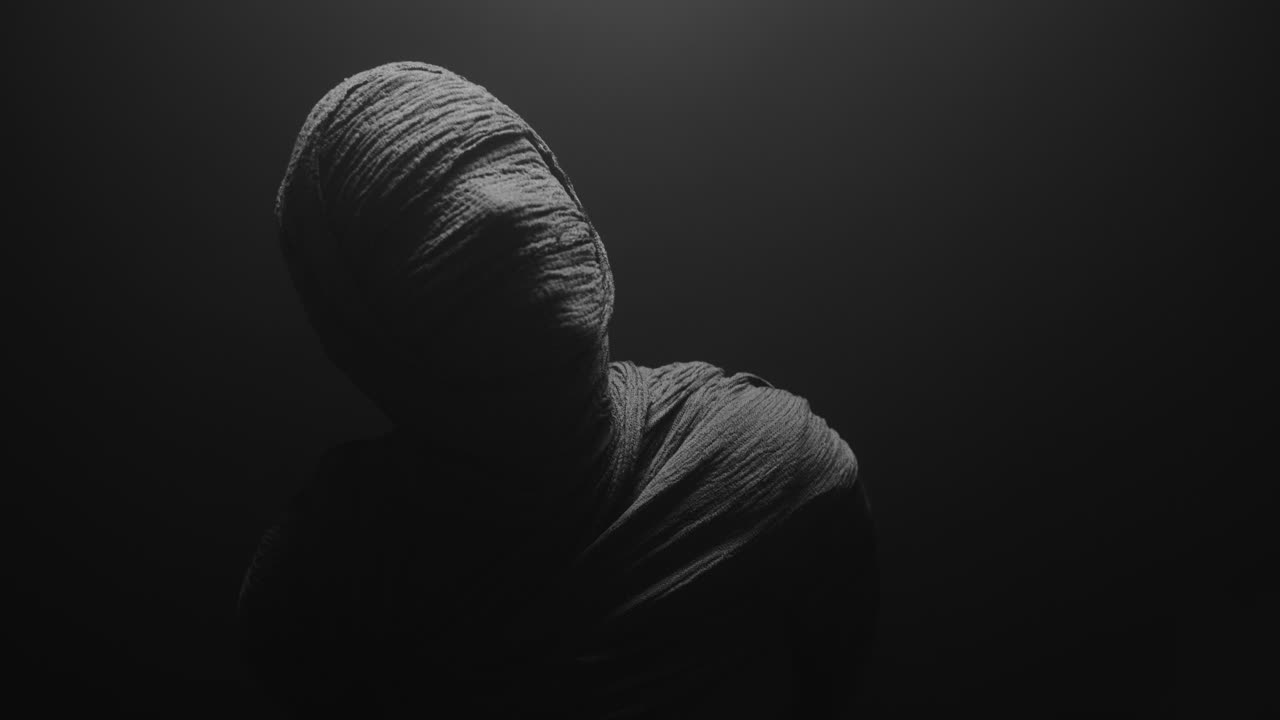 A mummy of a woman on a dark backdrop turns her head
