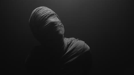 a mummy of a woman on a dark backdrop turns her head